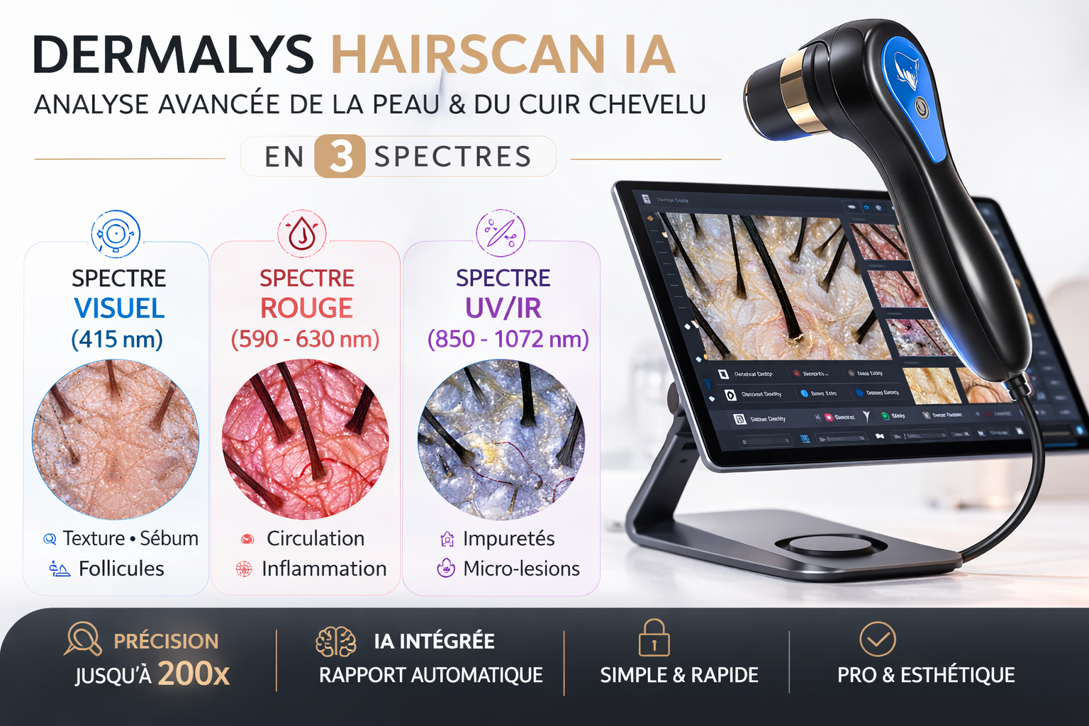 Dermatoscope capillaire IA professionnel 3 spectres | Dermalys HairScan IA